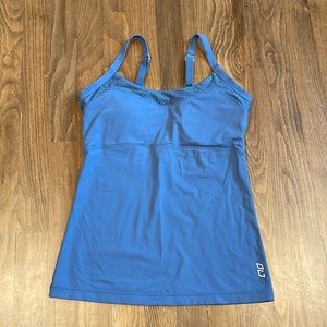 LORNA JANE DUSTY BLUE LADDER BACK BUILT IN BRA CAMISOLE WORKOUT TANK MESH CUTOUT
